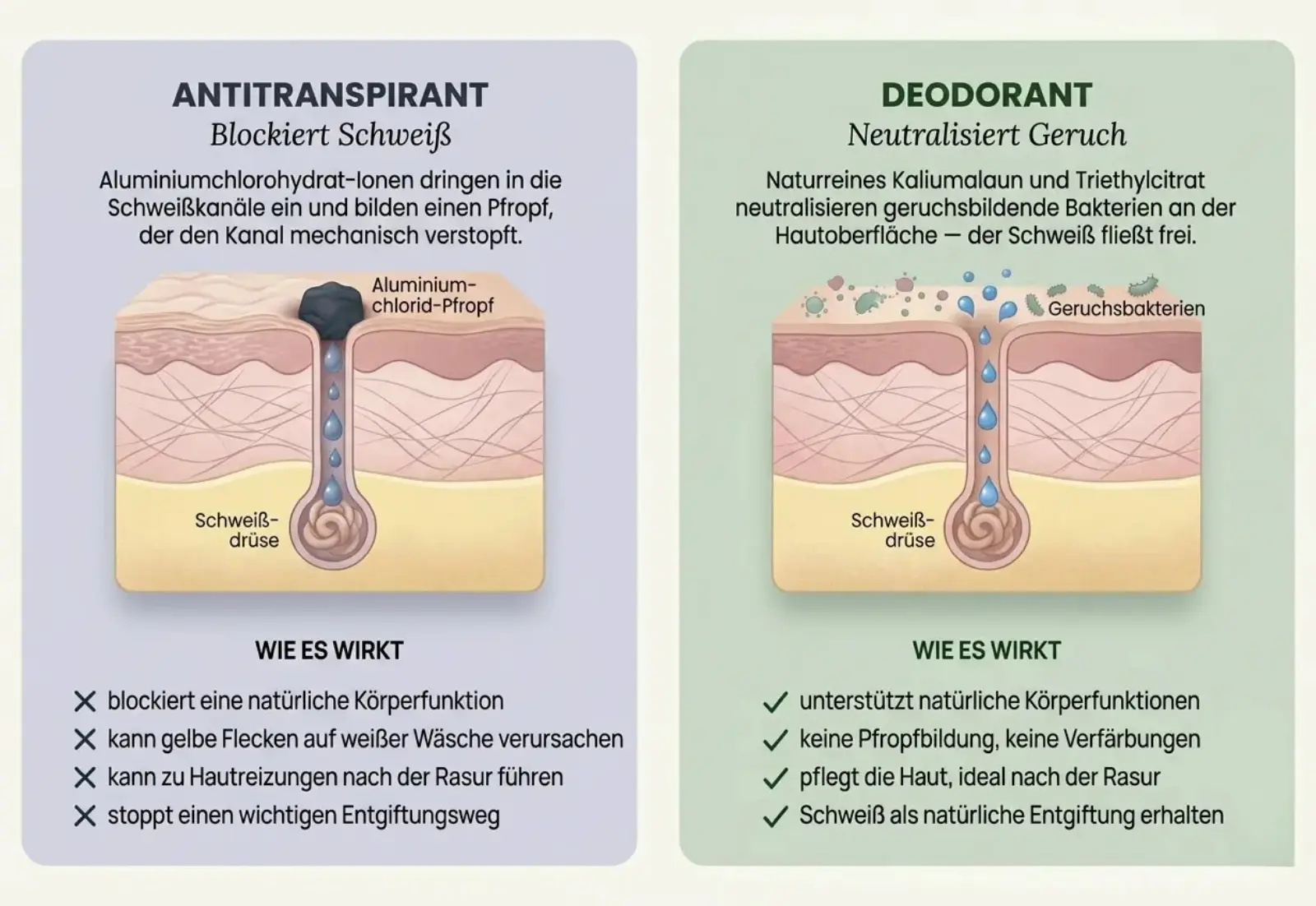 Antitranspirant vs. Deodorant: Wirkweise im Hautquerschnitt — Aluminium-Pfropf gegen freien Schweißfluss