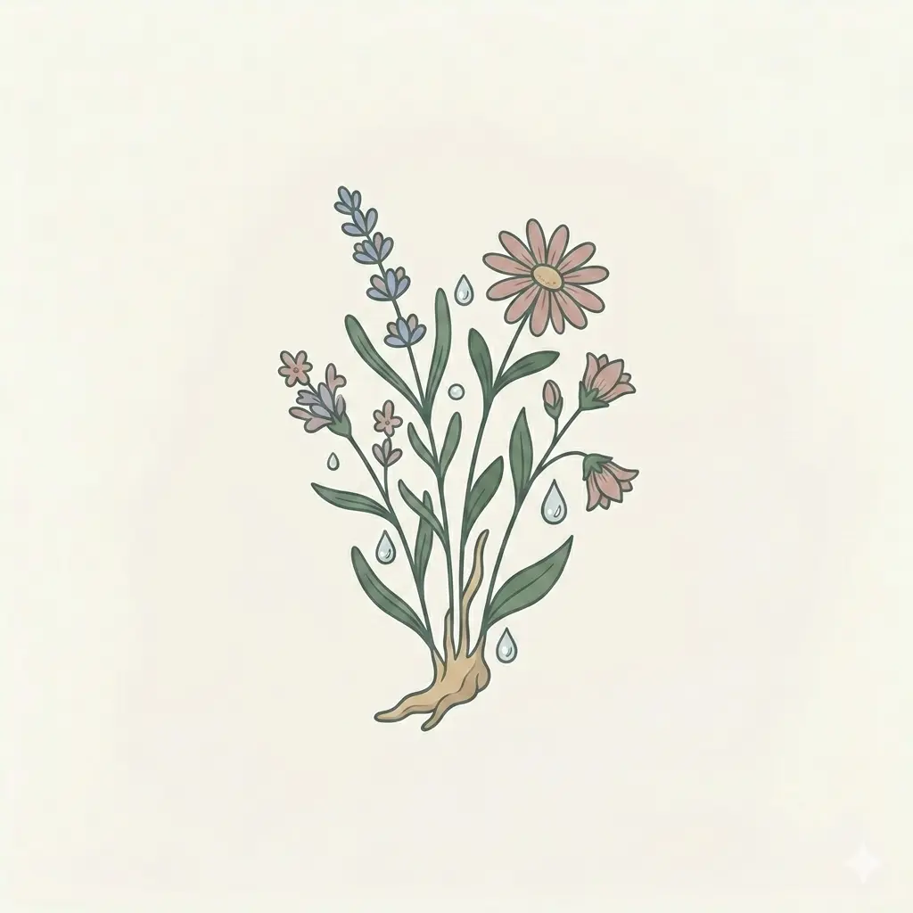 Parfum aus ätherischen Ölen — Wildblumen und Öltropfen